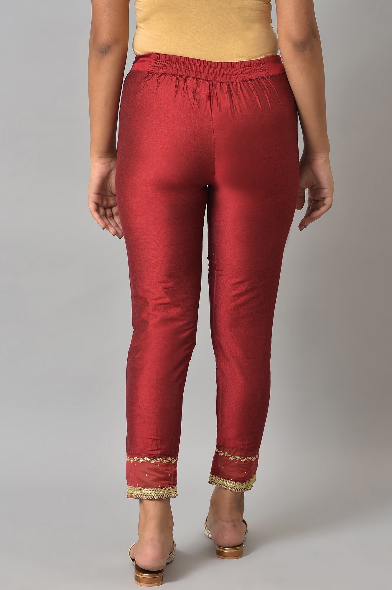 W for Woman Red Embroidered Light Festive Slim Pants