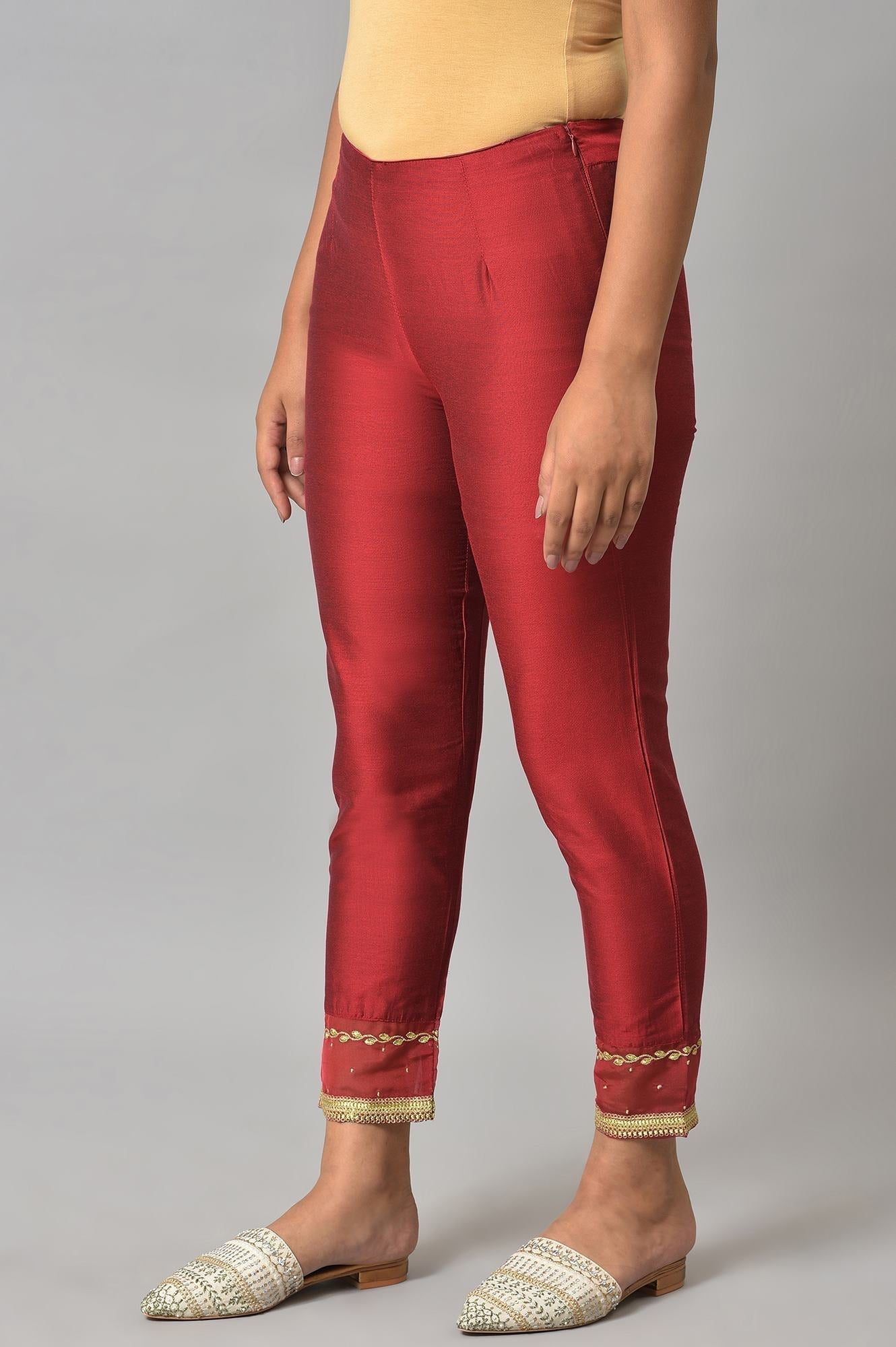 W for Woman Red Embroidered Light Festive Slim Pants