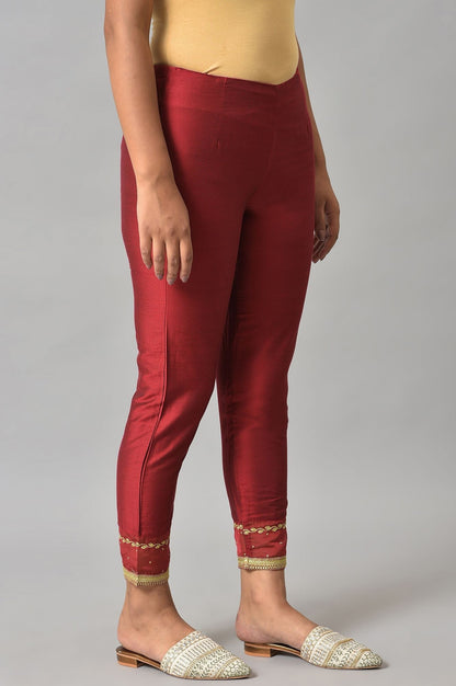 W for Woman Red Embroidered Light Festive Slim Pants
