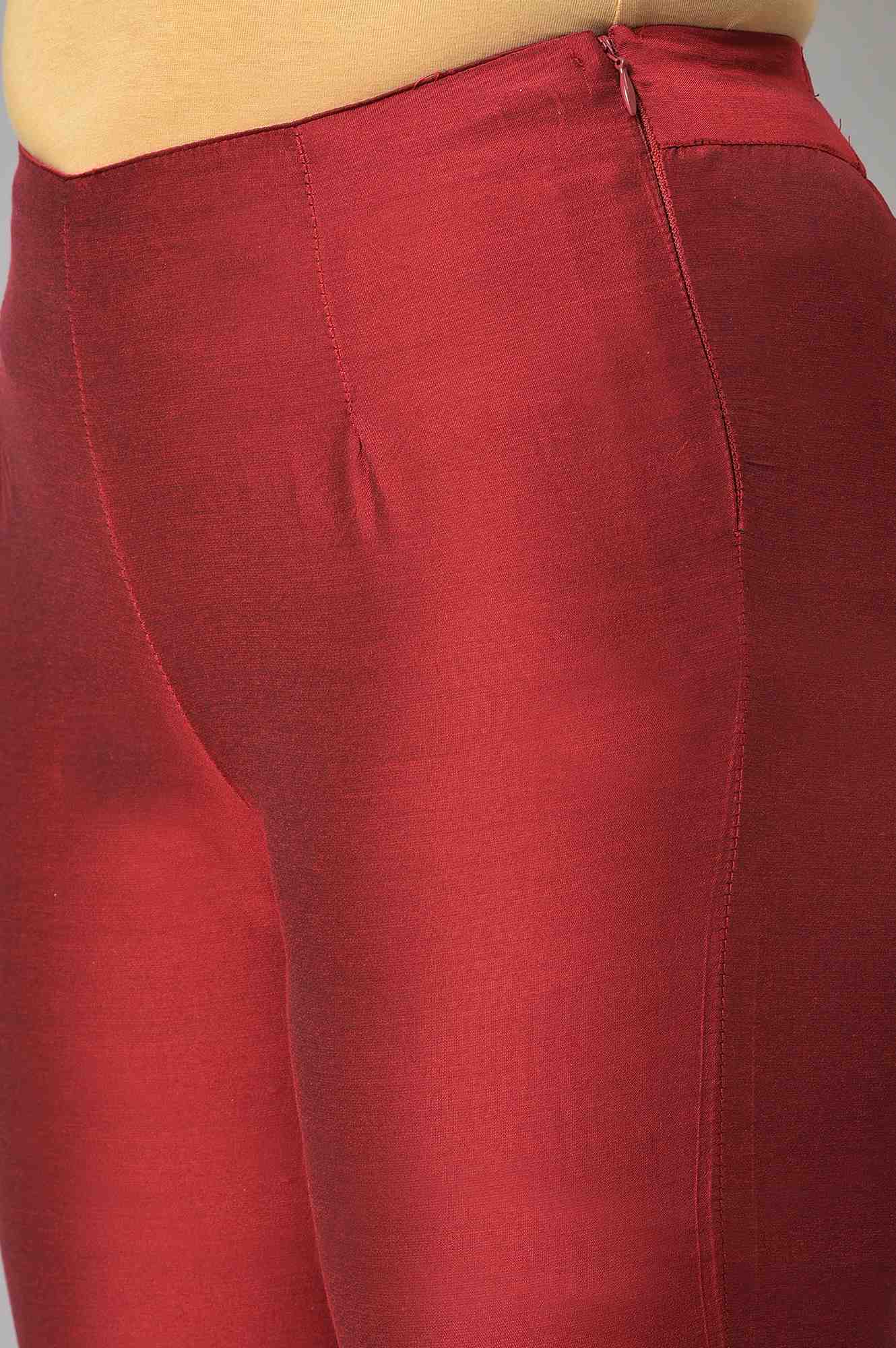 W for Woman Red Embroidered Light Festive Slim Pants
