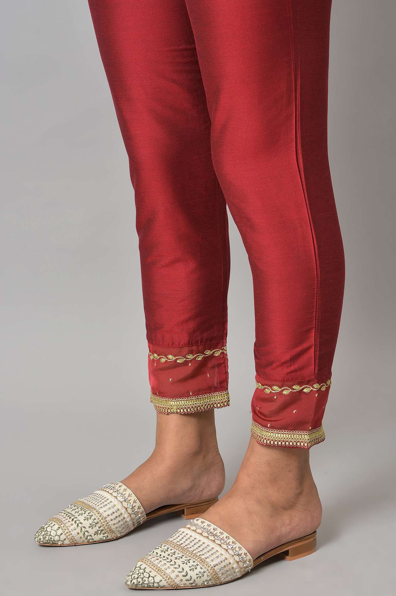 W for Woman Red Embroidered Light Festive Slim Pants