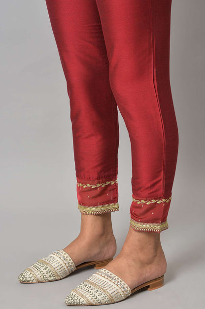 W for Woman Red Embroidered Light Festive Slim Pants