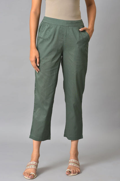 W for Woman Olive Green Solid Cotton Straight Pants
