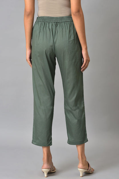 W for Woman Olive Green Solid Cotton Straight Pants