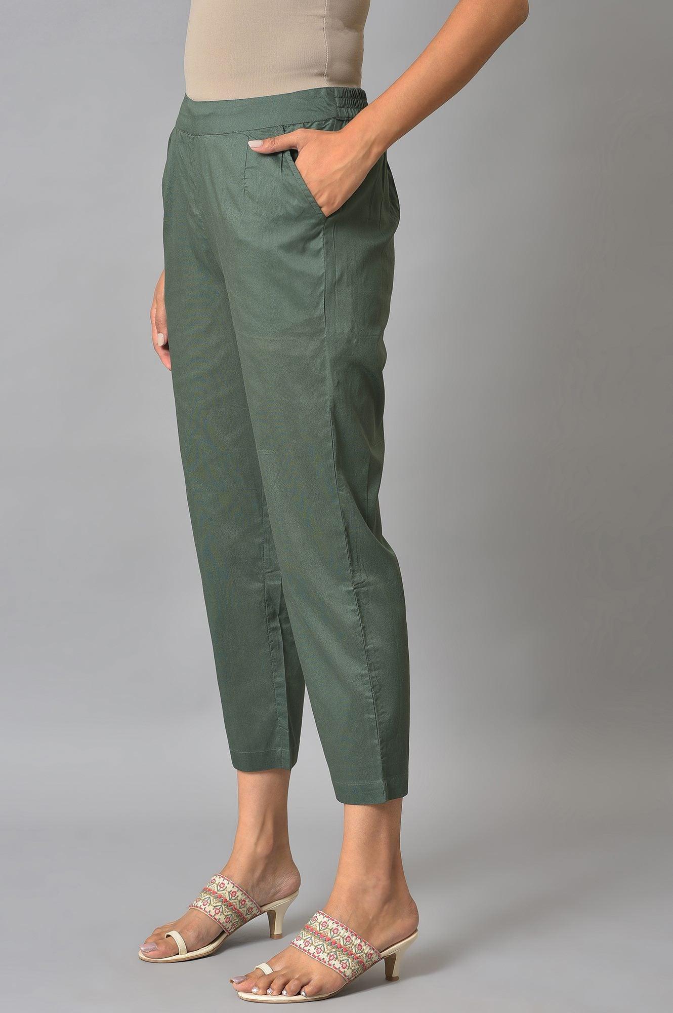 W for Woman Olive Green Solid Cotton Straight Pants