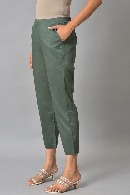 W for Woman Olive Green Solid Cotton Straight Pants