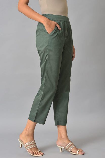 W for Woman Olive Green Solid Cotton Straight Pants