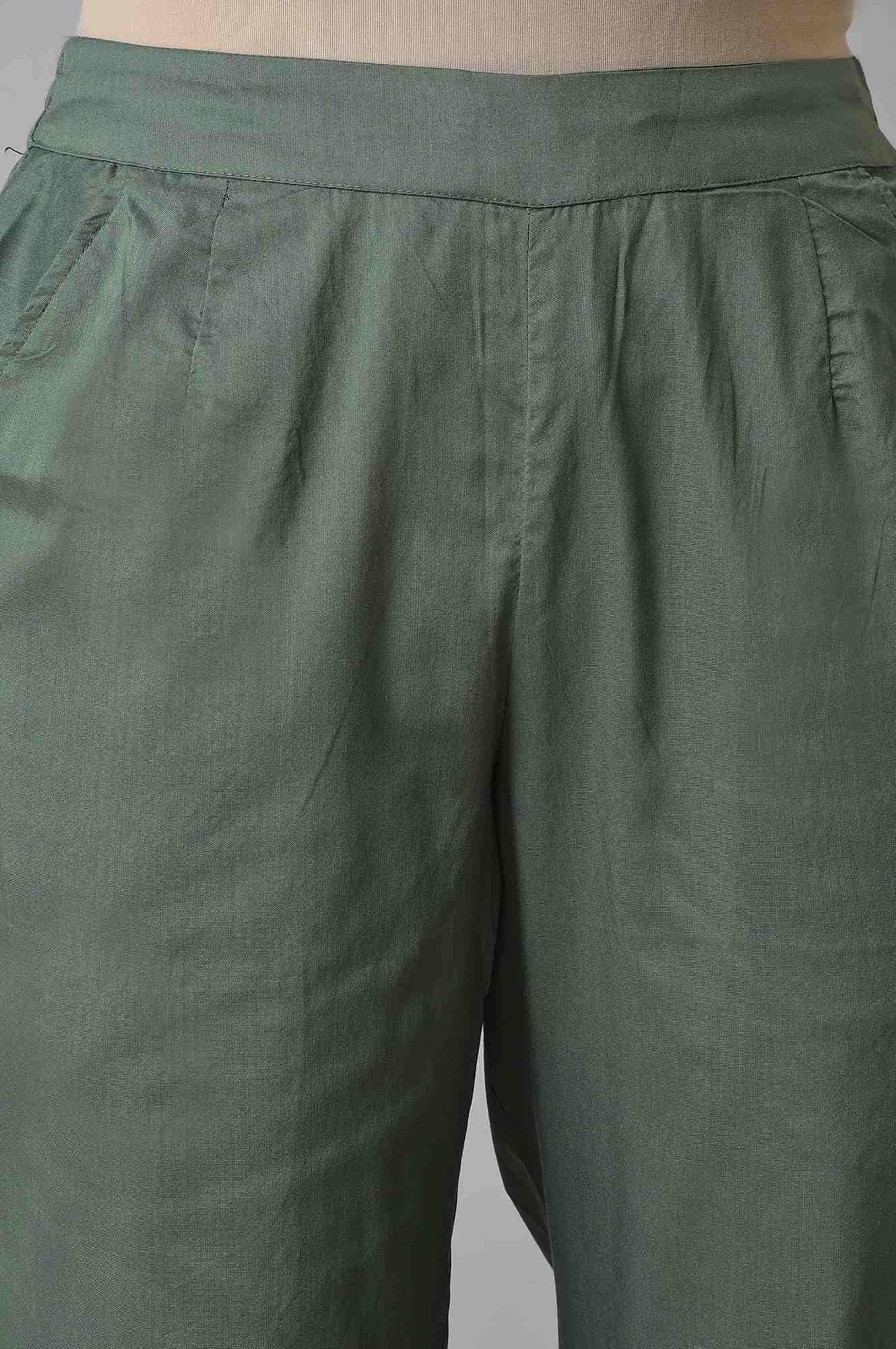 W for Woman Olive Green Solid Cotton Straight Pants