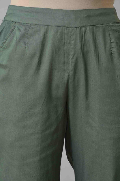 W for Woman Olive Green Solid Cotton Straight Pants