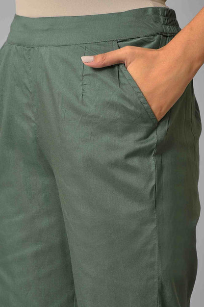 W for Woman Olive Green Solid Cotton Straight Pants