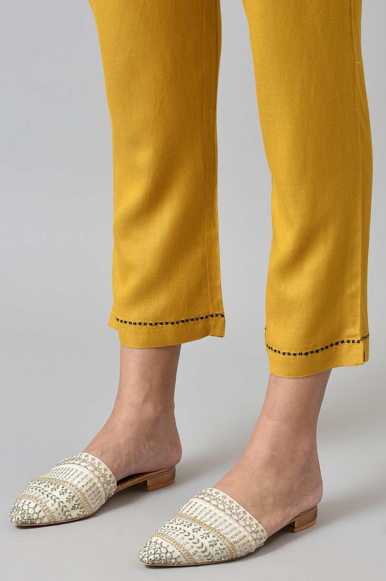 W for Woman Yellow Embroidered Straight Pants