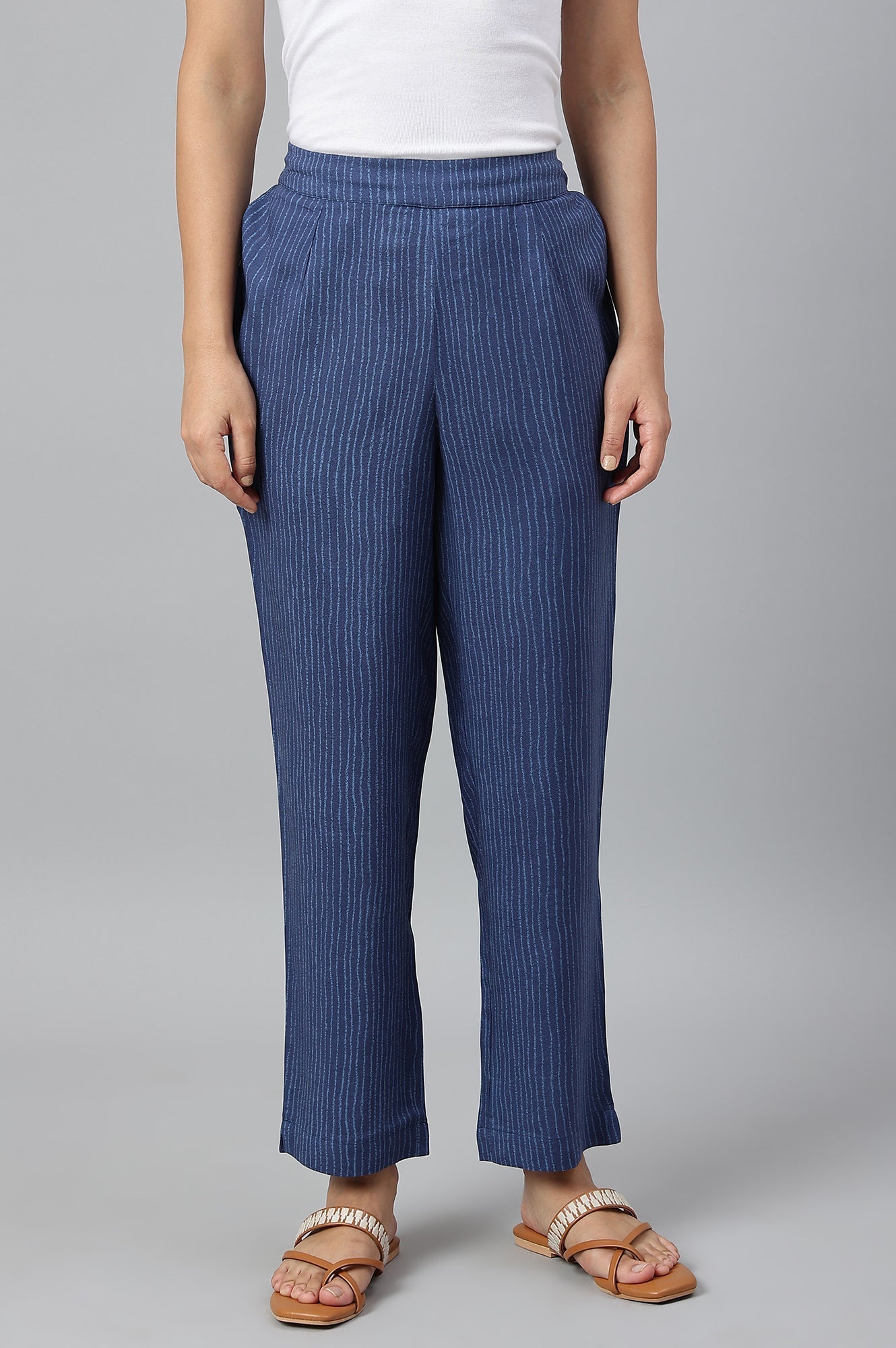 W for Woman Blue Stripe Print Women Straight Pants