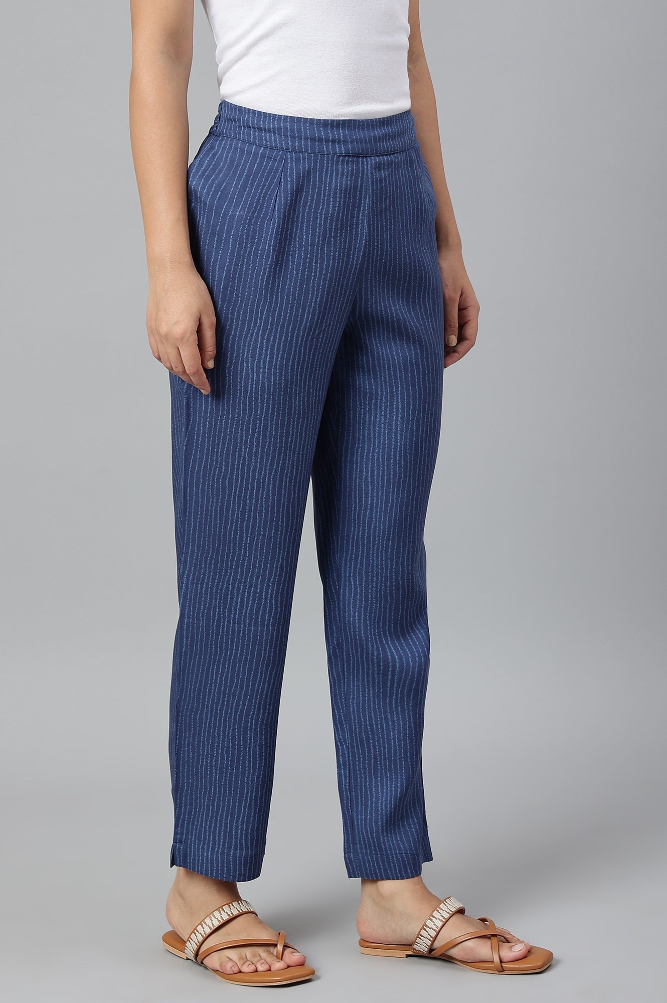 W for Woman Blue Stripe Print Women Straight Pants