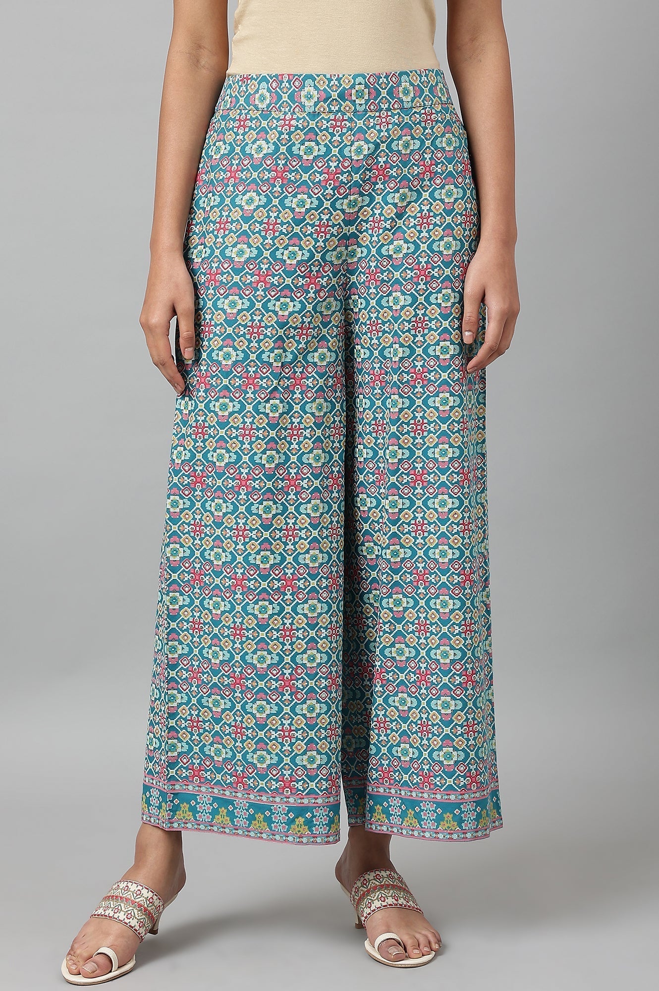 W for Woman Teal Blue Rayon Printed Parallel Pants
