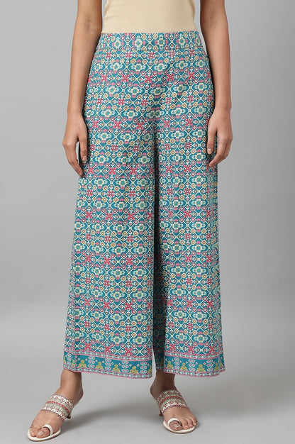 W for Woman Teal Blue Rayon Printed Parallel Pants