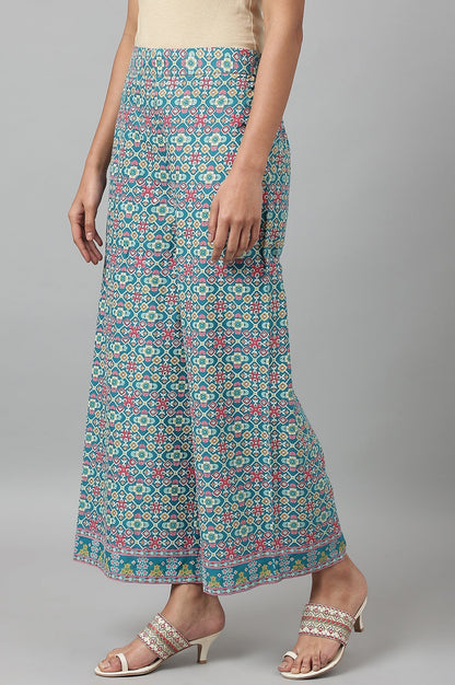 W for Woman Teal Blue Rayon Printed Parallel Pants