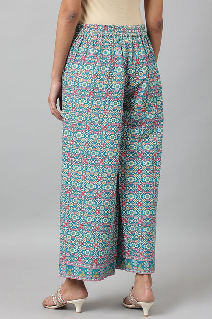 W for Woman Teal Blue Rayon Printed Parallel Pants