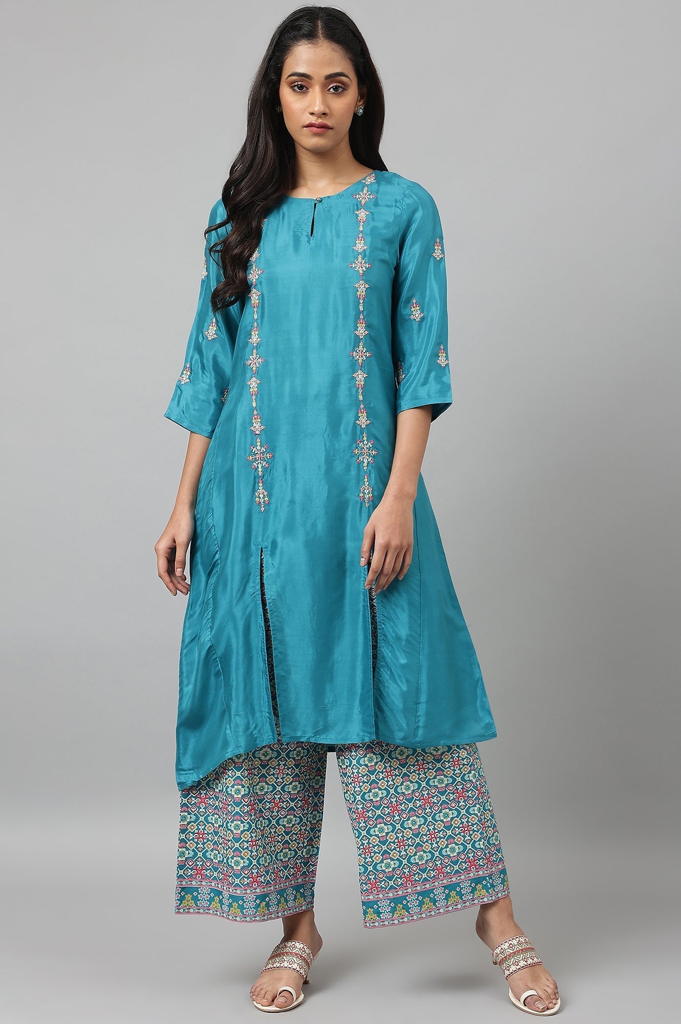 W for Woman Teal Blue Rayon Printed Parallel Pants