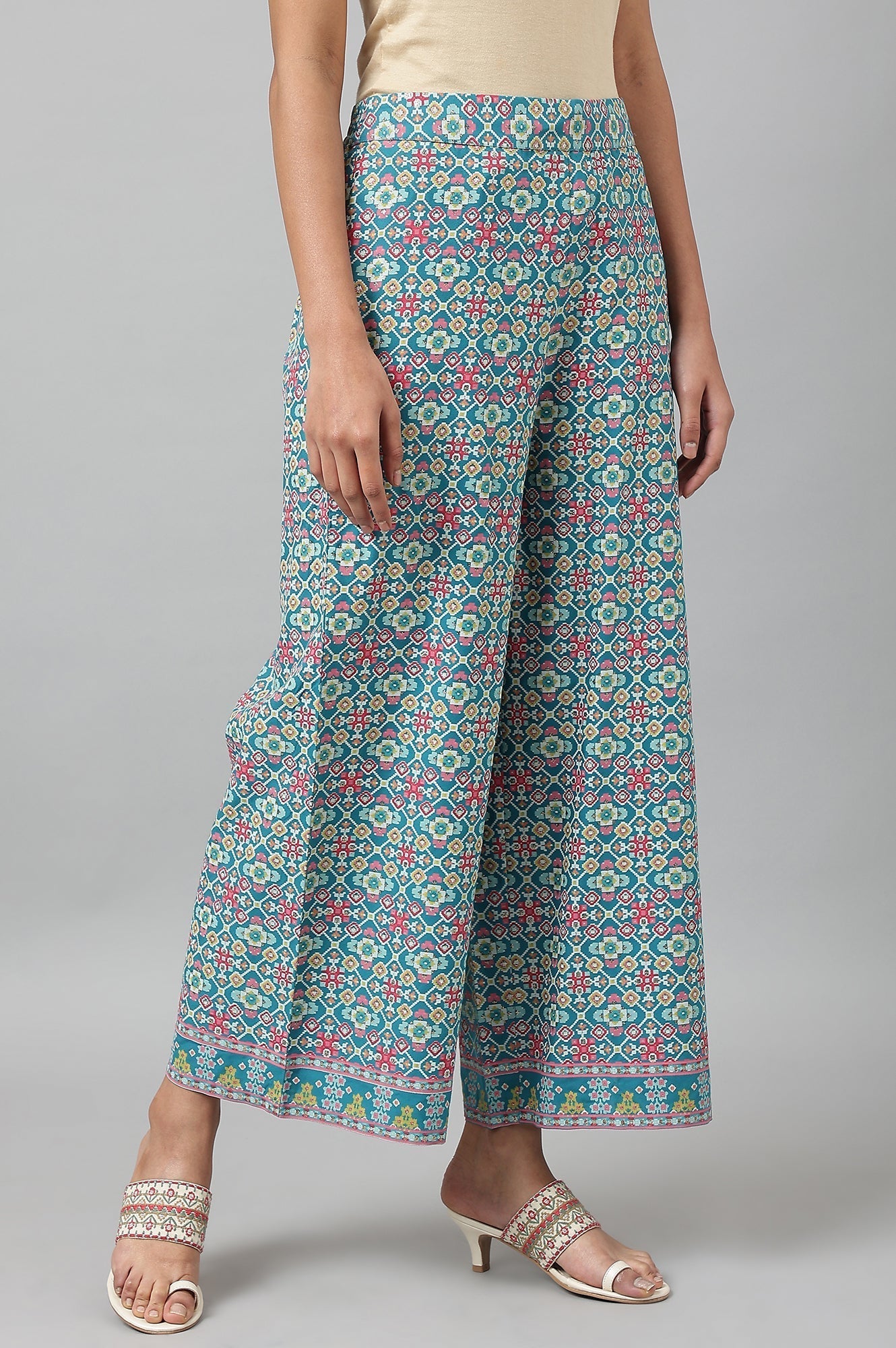 W for Woman Teal Blue Rayon Printed Parallel Pants