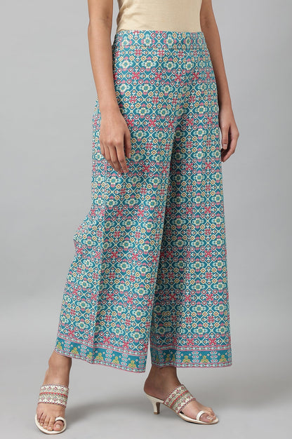 W for Woman Teal Blue Rayon Printed Parallel Pants
