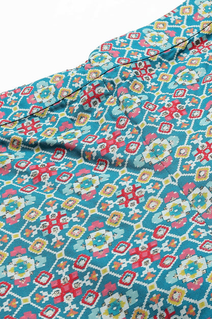 W for Woman Teal Blue Rayon Printed Parallel Pants