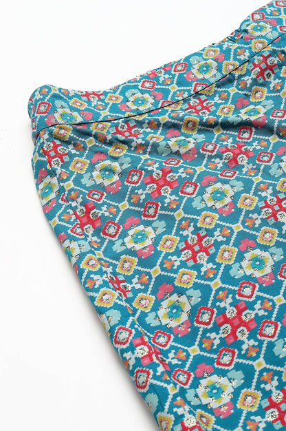 W for Woman Teal Blue Rayon Printed Parallel Pants