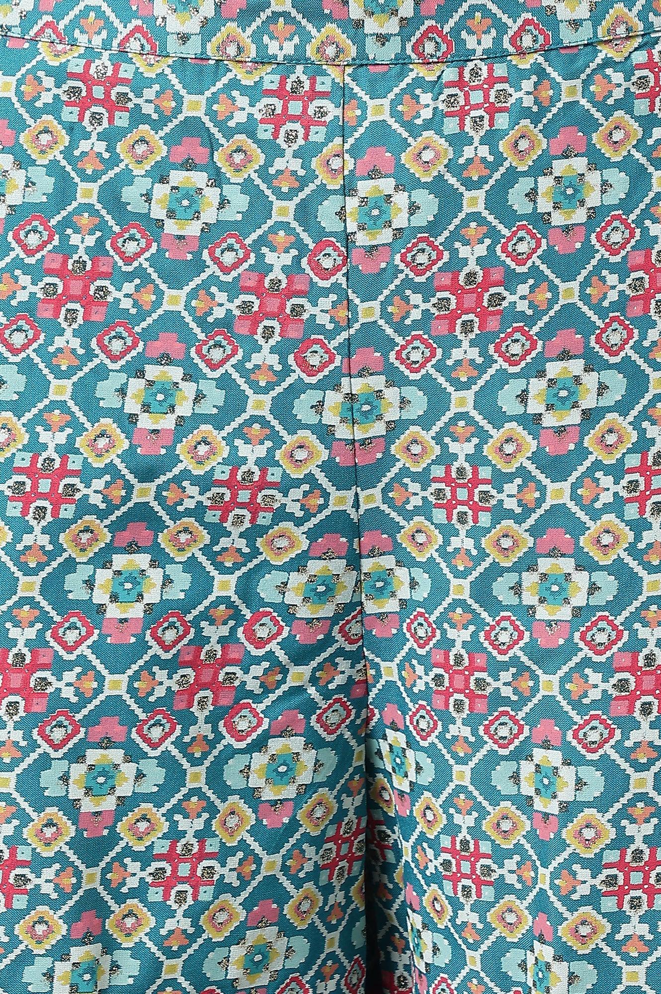 W for Woman Teal Blue Rayon Printed Parallel Pants