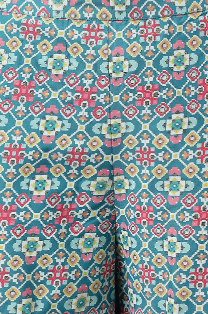 W for Woman Teal Blue Rayon Printed Parallel Pants