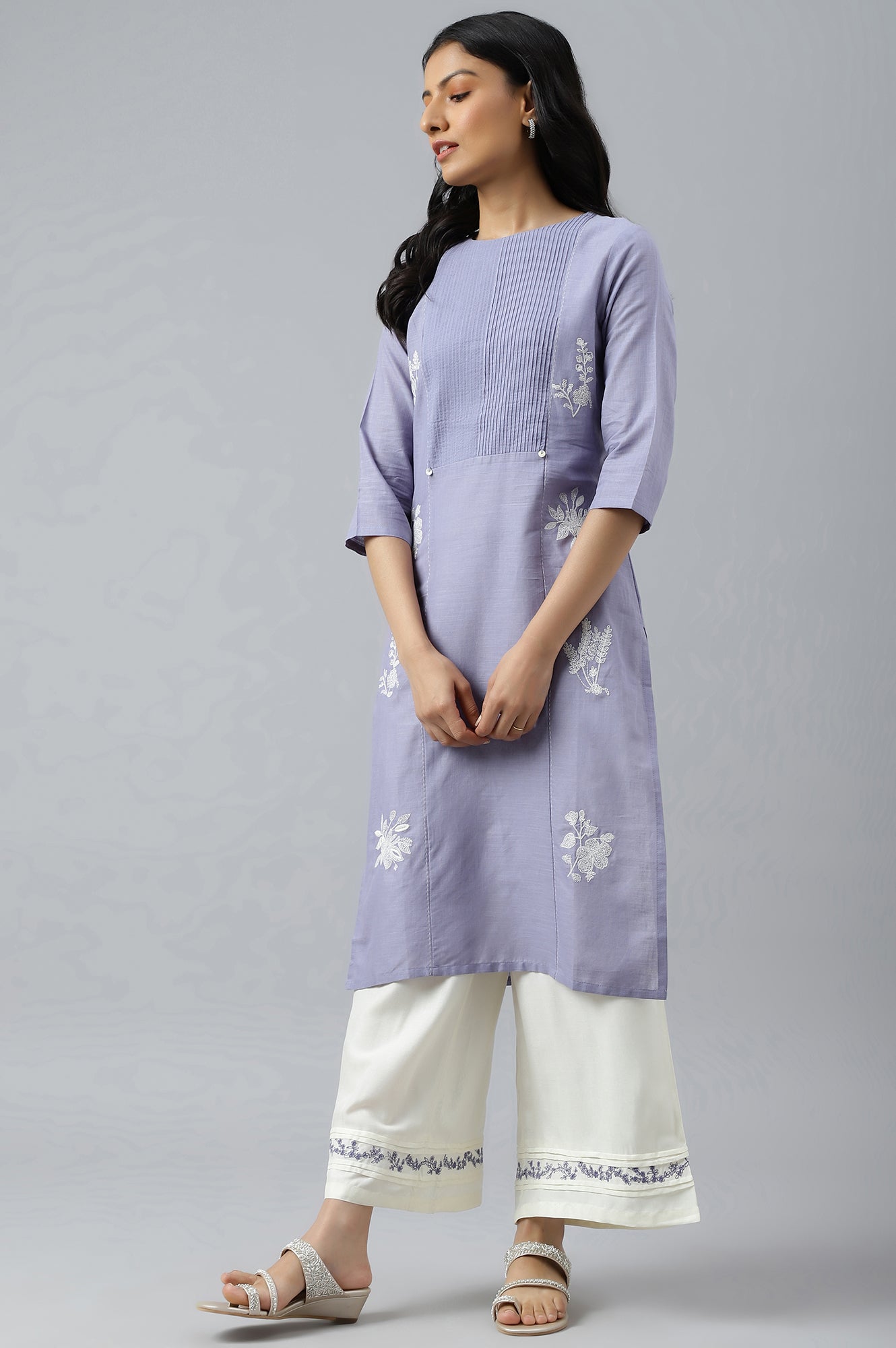 W for Woman Ecru Embroidered Rayon Parallel Pants With Pleats.