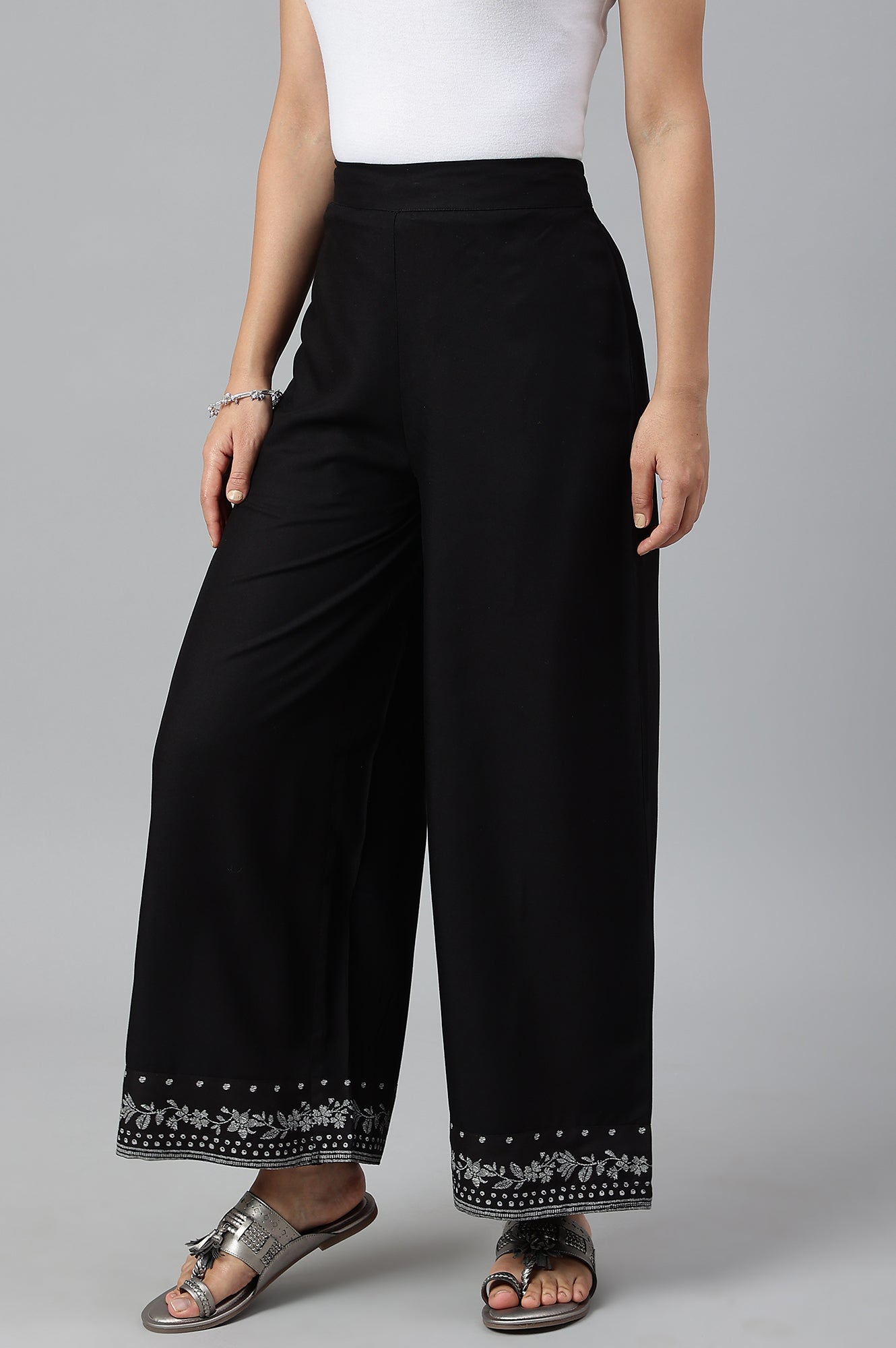 W for Woman Black Rayon Straight Parallel Pants
