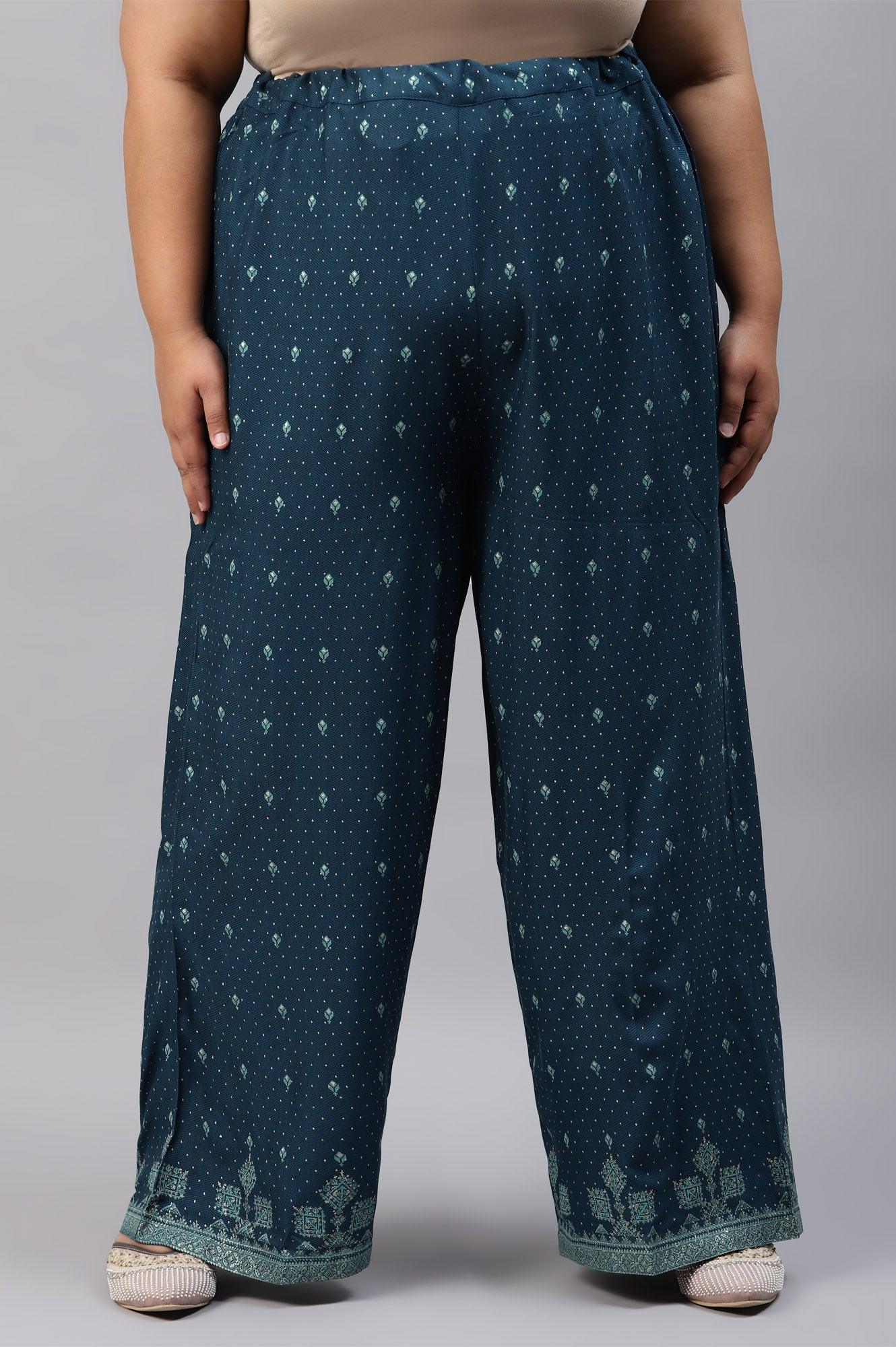 W for Woman Plus Size Dark Blue Rayon Printed Parallel Pants