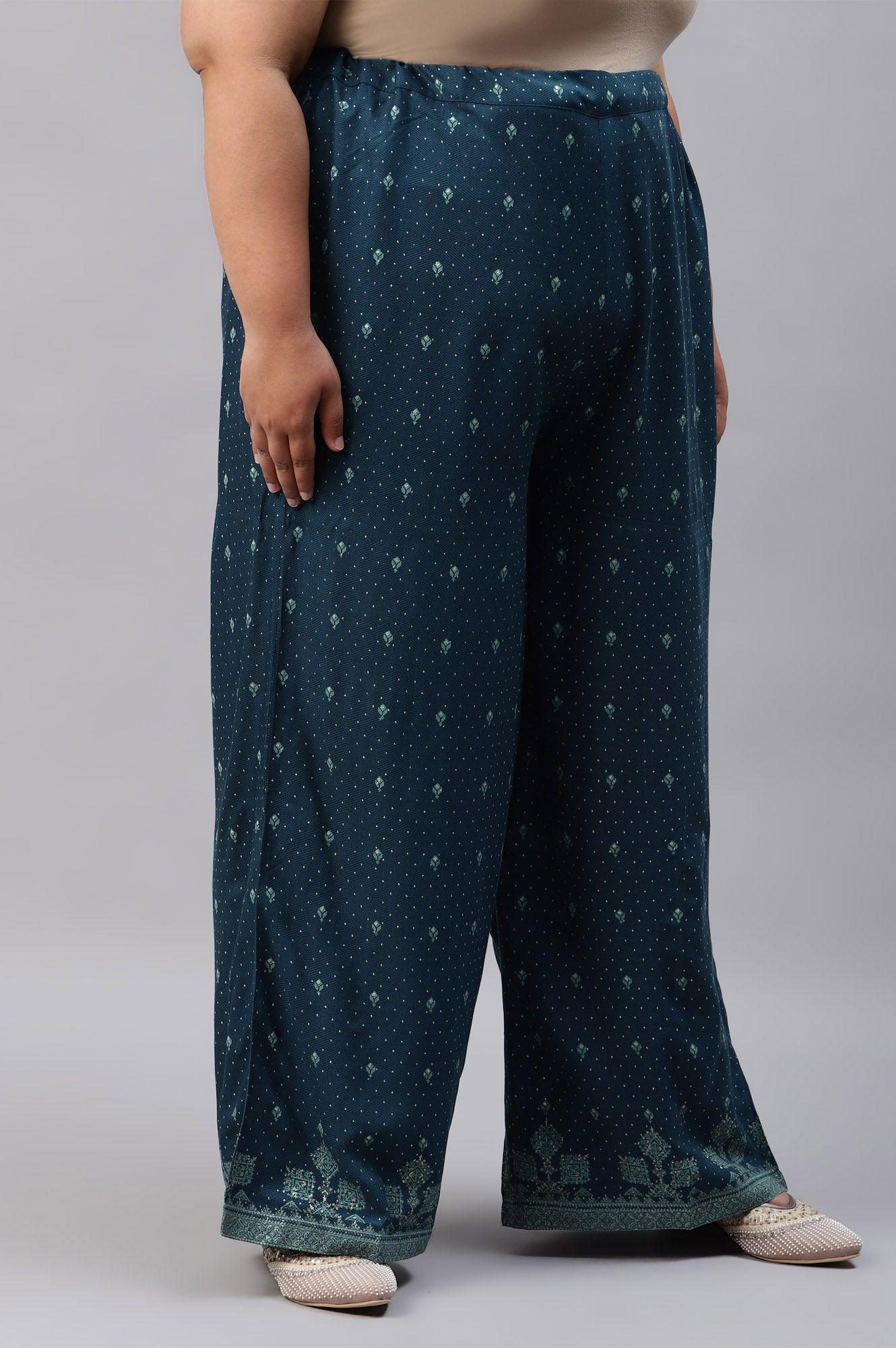W for Woman Plus Size Dark Blue Rayon Printed Parallel Pants