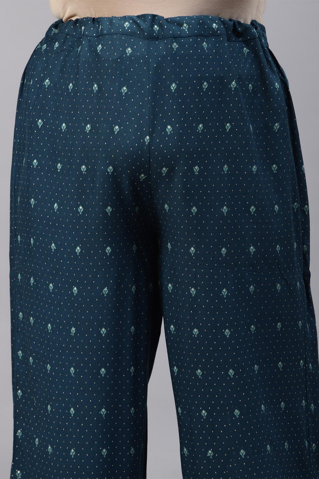 W for Woman Plus Size Dark Blue Rayon Printed Parallel Pants