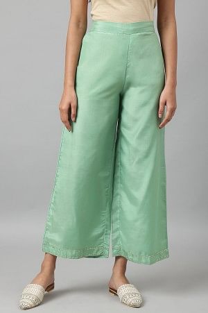 W for Woman Green Solid Shantung Parallel Pants