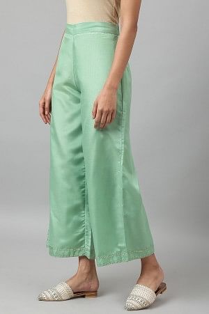 W for Woman Green Solid Shantung Parallel Pants
