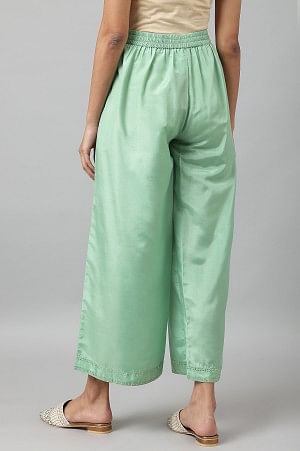 W for Woman Green Solid Shantung Parallel Pants