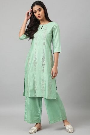 W for Woman Green Solid Shantung Parallel Pants