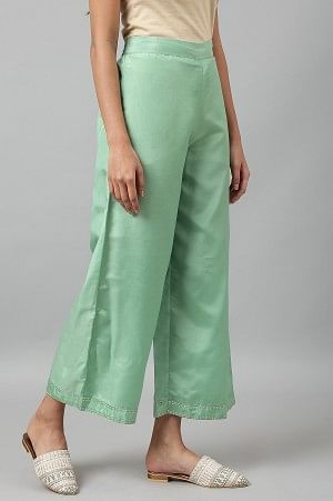 W for Woman Green Solid Shantung Parallel Pants