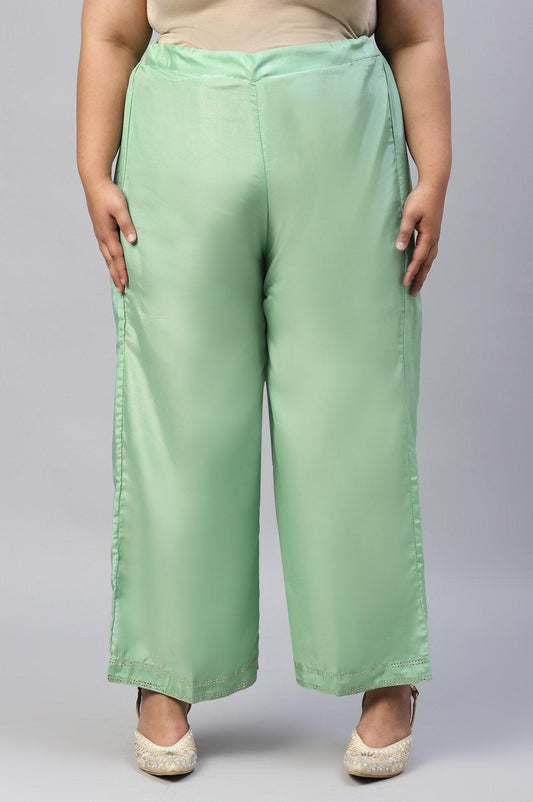 W for Woman Green Solid Shantung Plus Size Parallel Pants