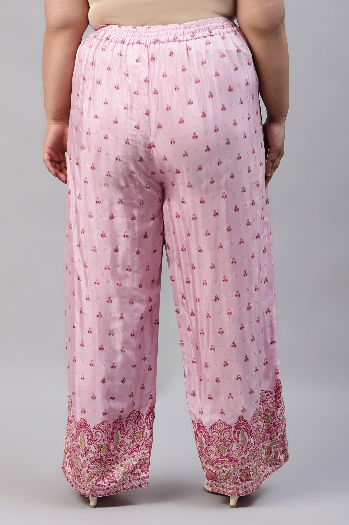W for Woman Plus Size Light Pink Shantung Printed Parallel Pants