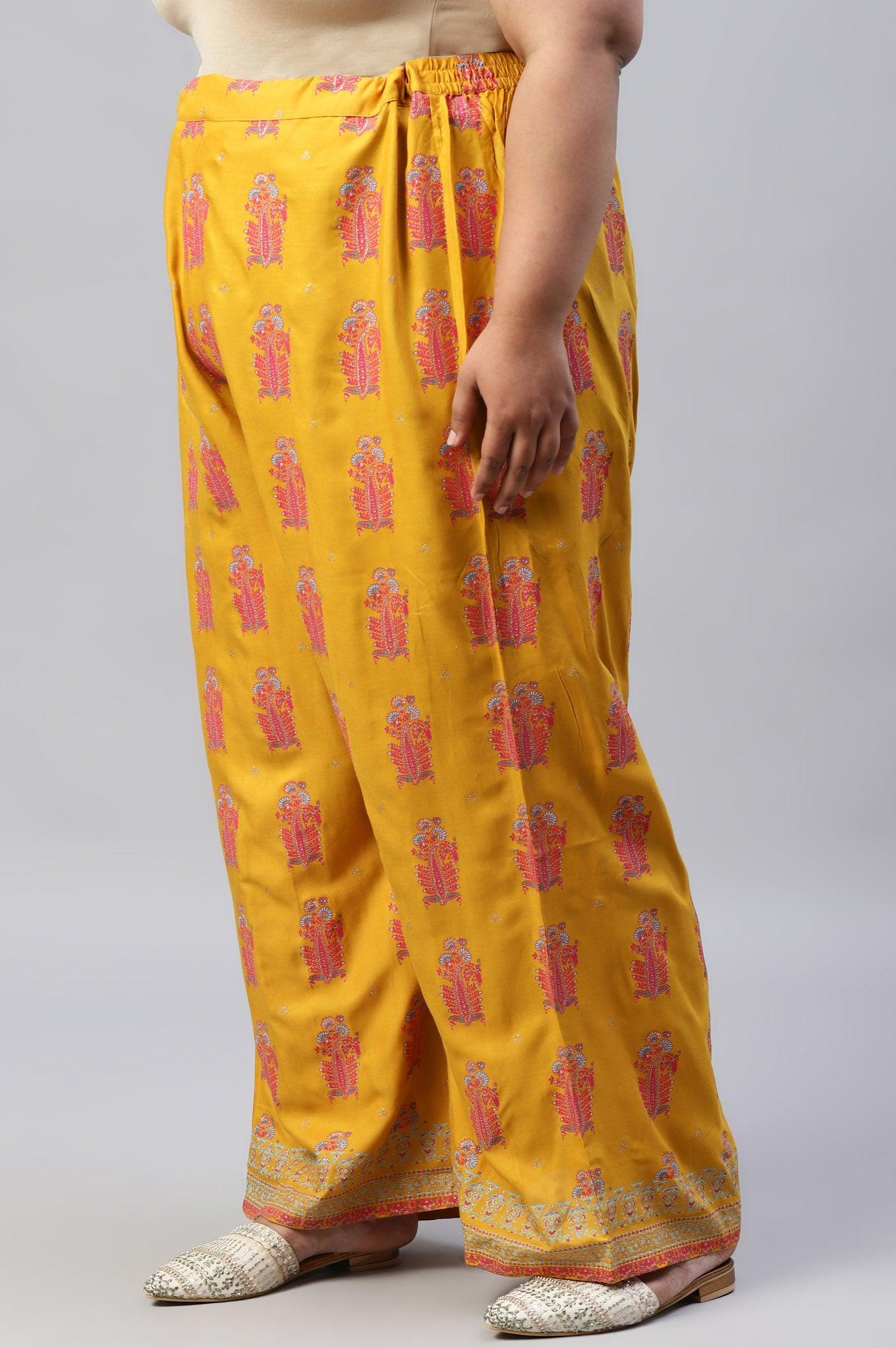 W for Woman Plus Size Mustard Rayon Printed Parallel Pants