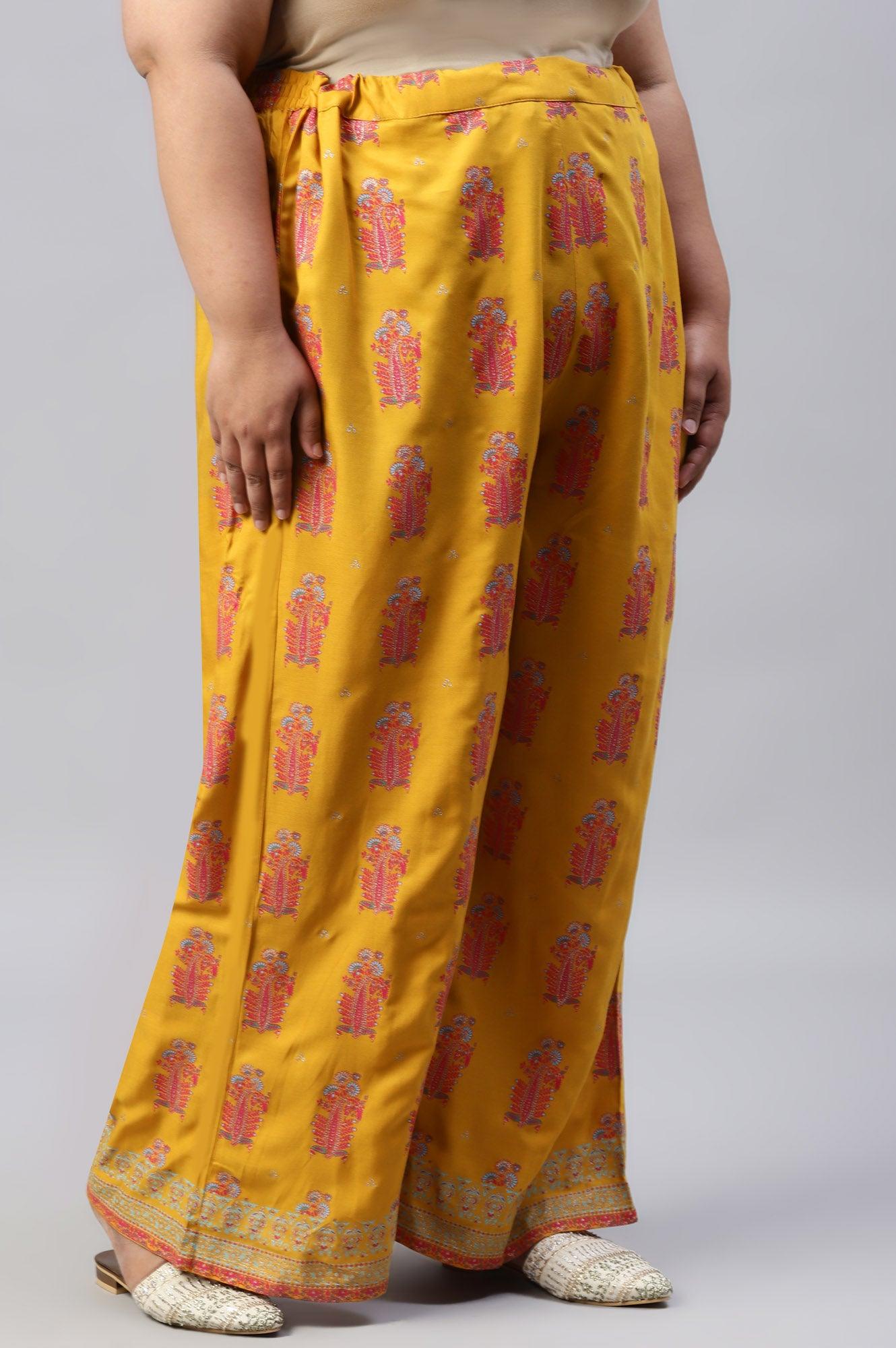 W for Woman Plus Size Mustard Rayon Printed Parallel Pants