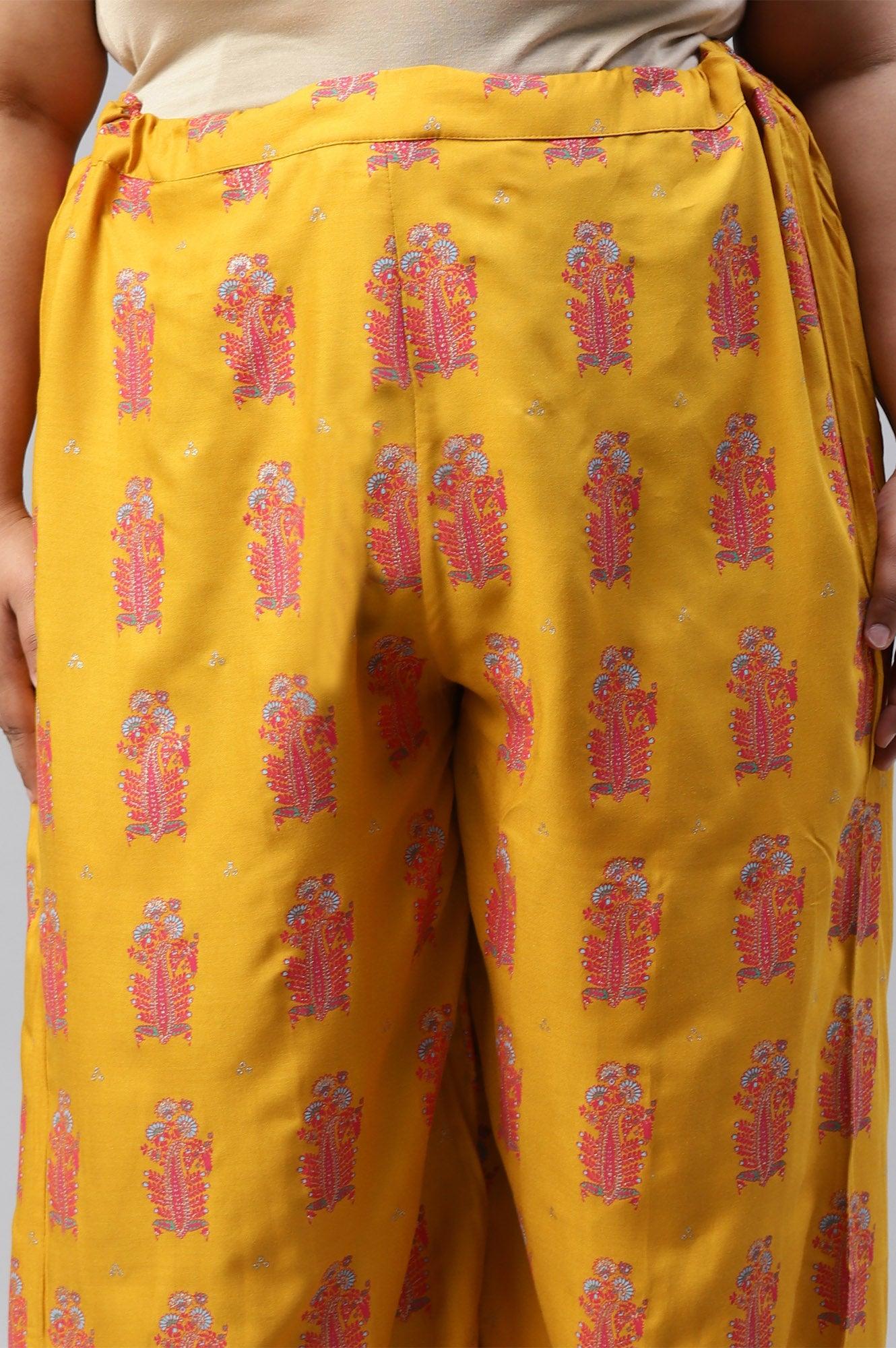 W for Woman Plus Size Mustard Rayon Printed Parallel Pants