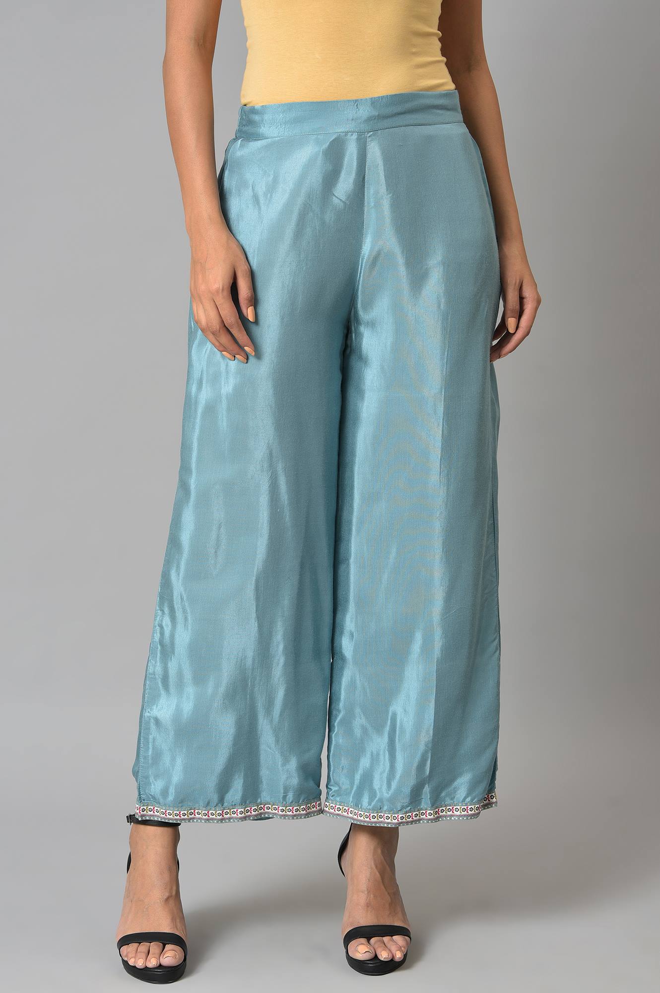 W for Woman Aqua Blue Shantung Straight Parallel Pants