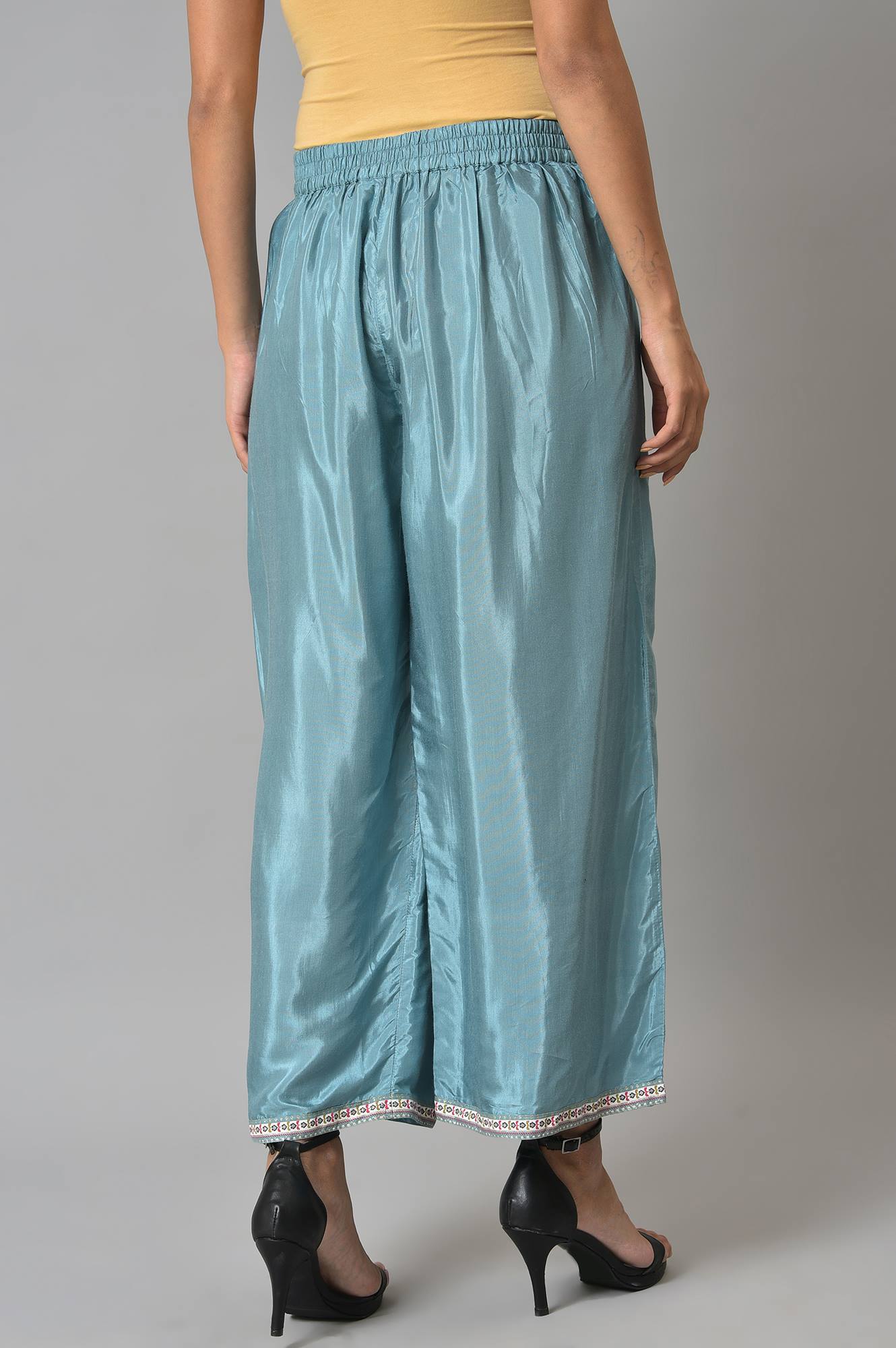 W for Woman Aqua Blue Shantung Straight Parallel Pants