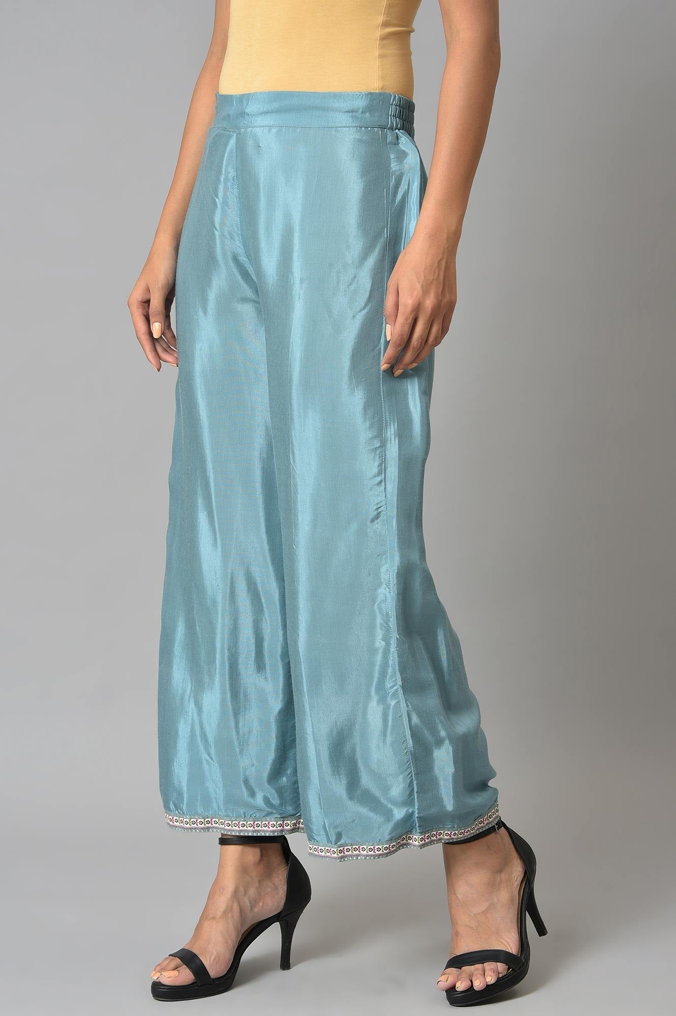 W for Woman Aqua Blue Shantung Straight Parallel Pants