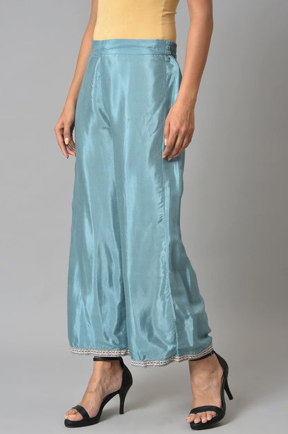 W for Woman Aqua Blue Shantung Straight Parallel Pants