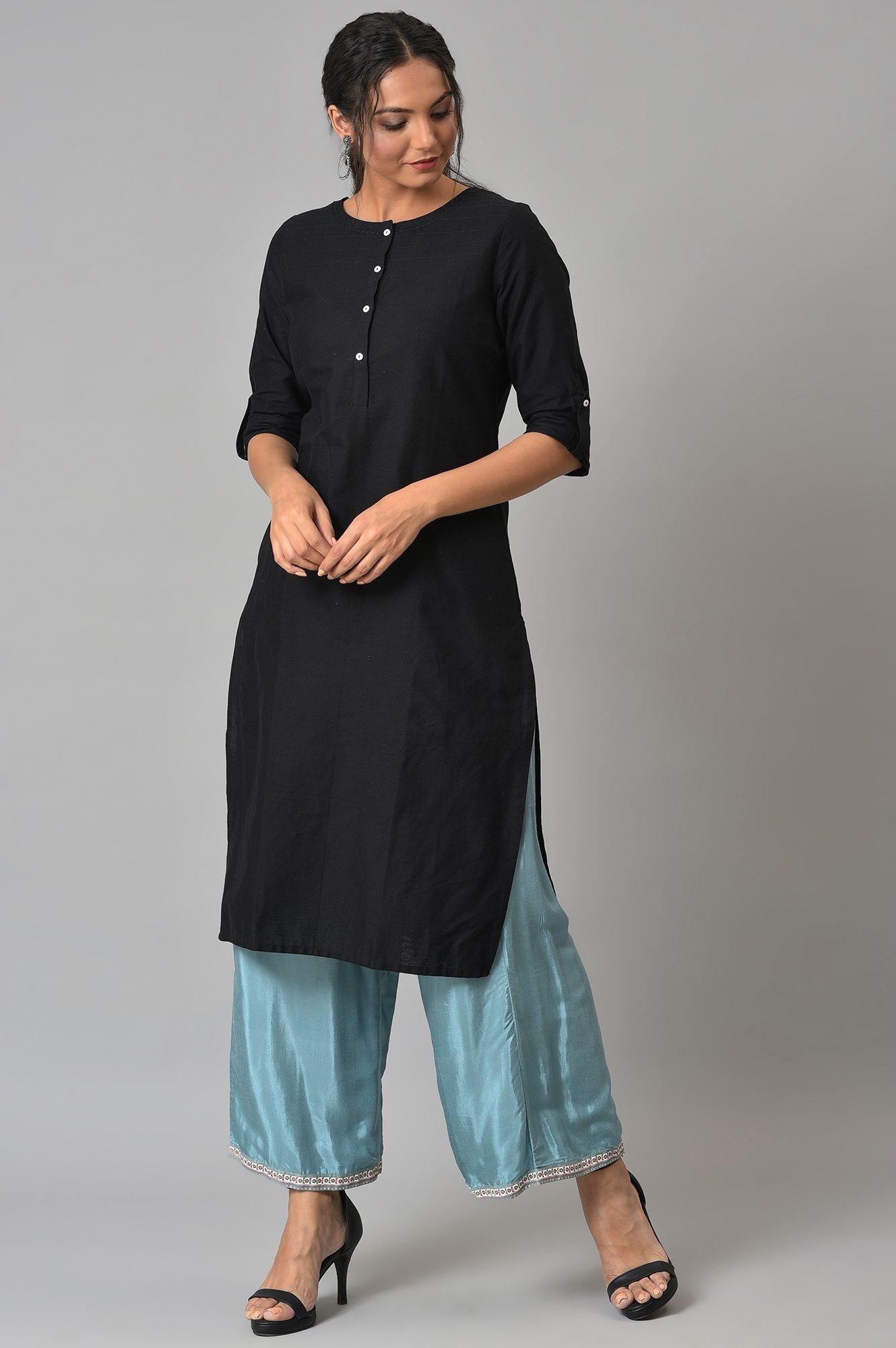 W for Woman Aqua Blue Shantung Straight Parallel Pants