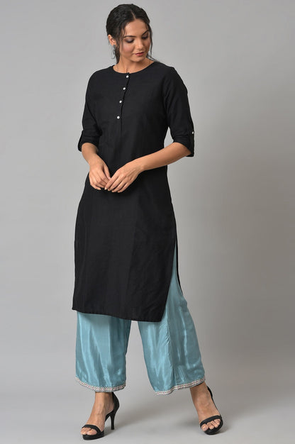 W for Woman Aqua Blue Shantung Straight Parallel Pants