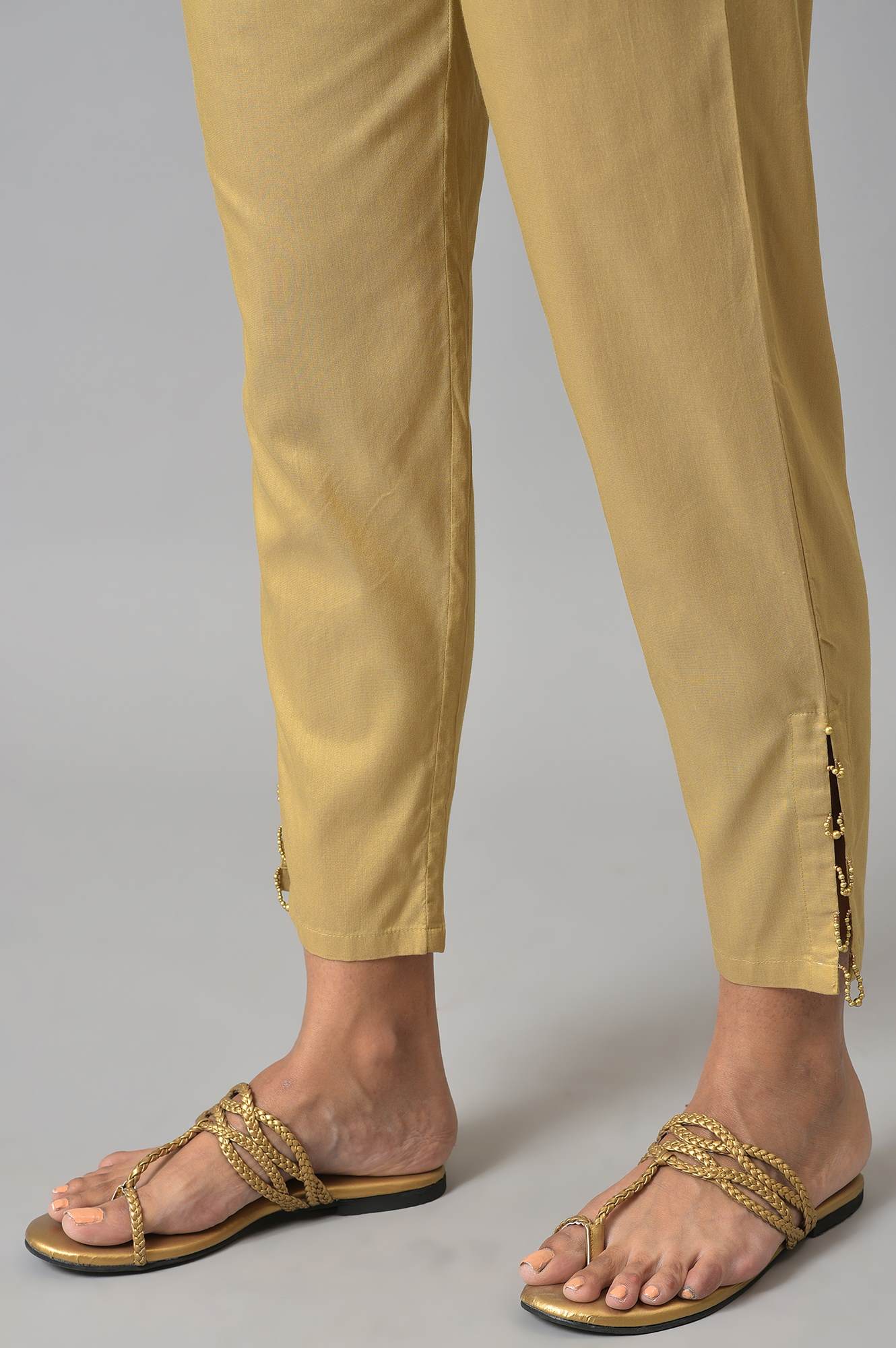 W for Woman Gold Solid Light Festive Slim Pants
